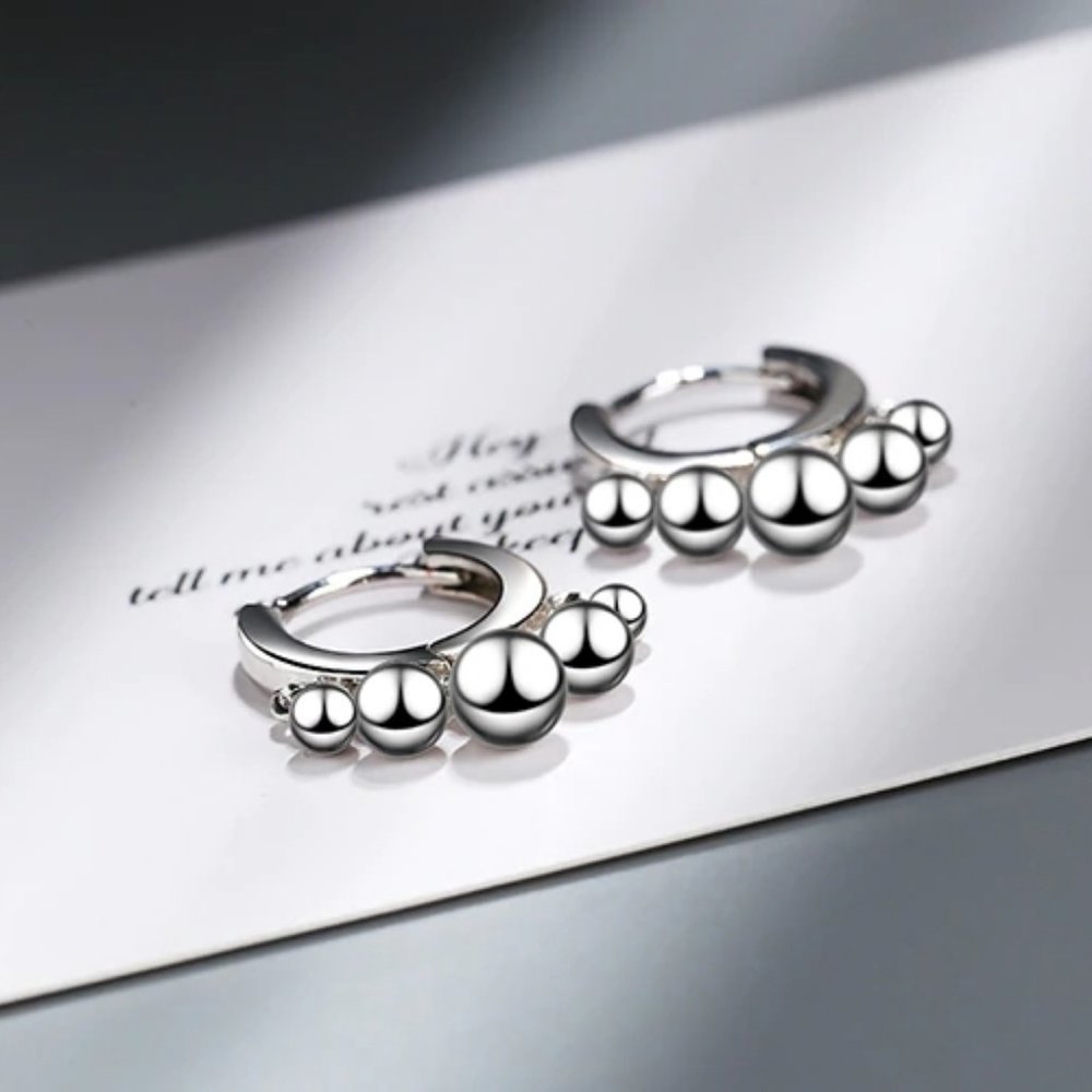 NEW 925 Sterling Silver Bead Hoop Earrings - Picture 5 of 8